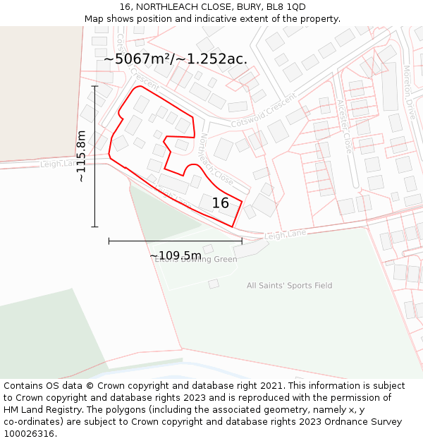16, NORTHLEACH CLOSE, BURY, BL8 1QD: Plot and title map