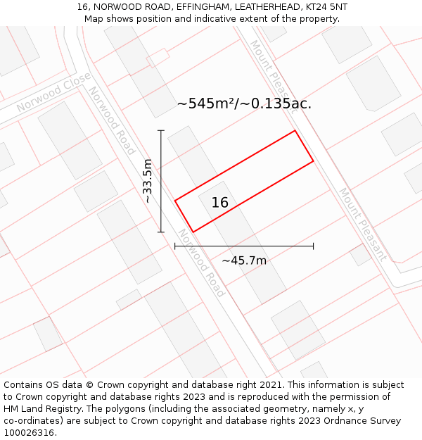 16, NORWOOD ROAD, EFFINGHAM, LEATHERHEAD, KT24 5NT: Plot and title map