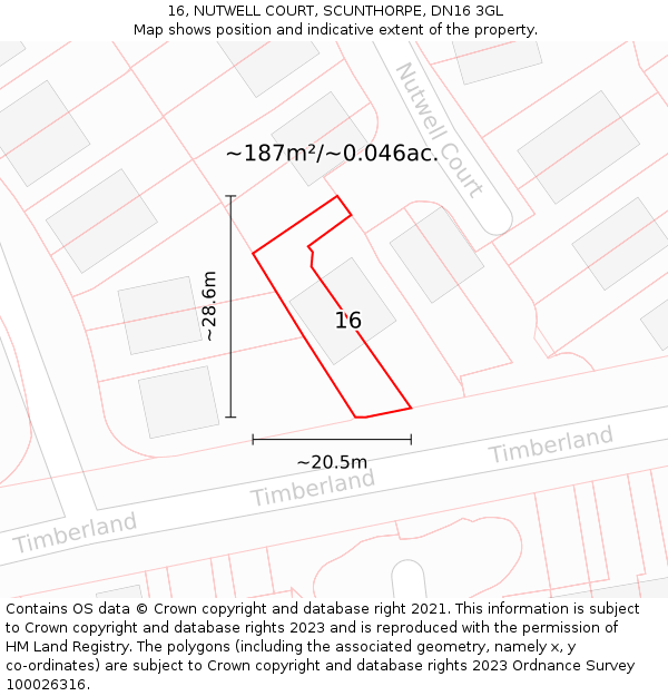 16, NUTWELL COURT, SCUNTHORPE, DN16 3GL: Plot and title map