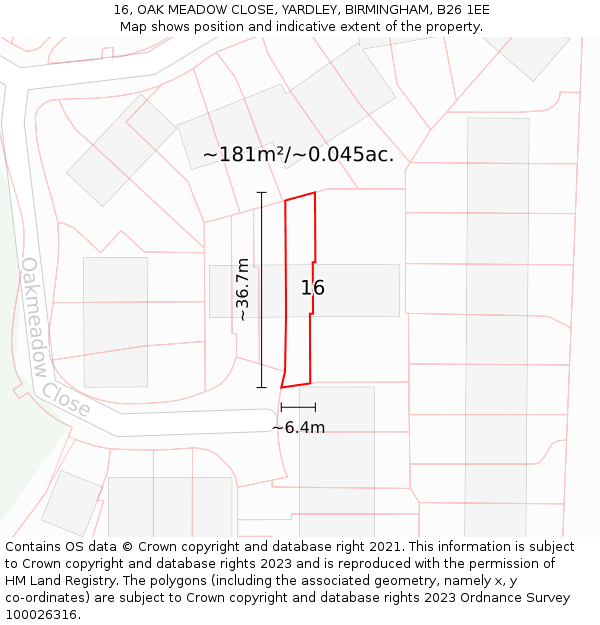 16, OAK MEADOW CLOSE, YARDLEY, BIRMINGHAM, B26 1EE: Plot and title map