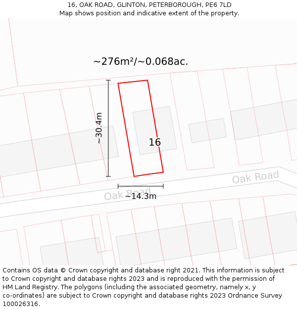 16, OAK ROAD, GLINTON, PETERBOROUGH, PE6 7LD: Plot and title map
