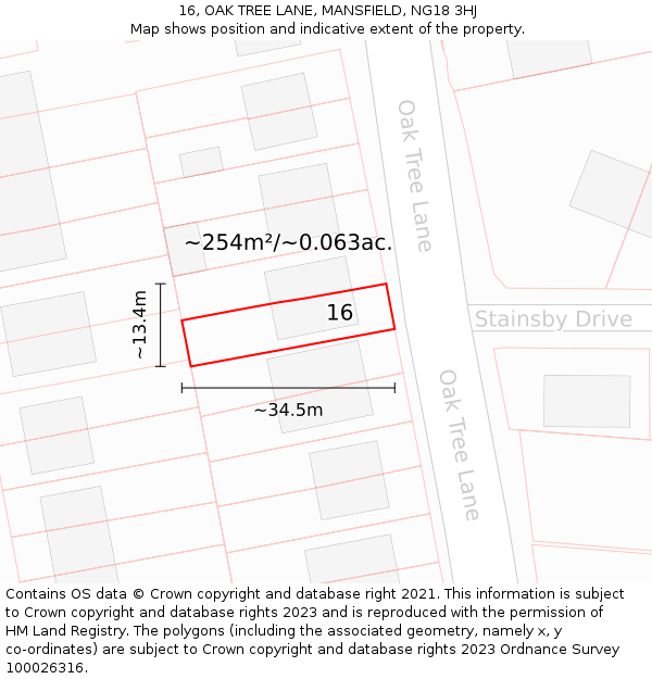 16, OAK TREE LANE, MANSFIELD, NG18 3HJ: Plot and title map