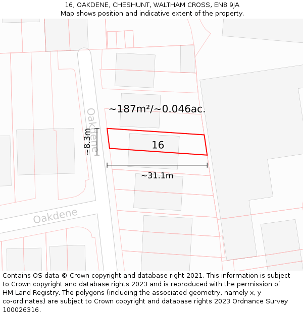 16, OAKDENE, CHESHUNT, WALTHAM CROSS, EN8 9JA: Plot and title map