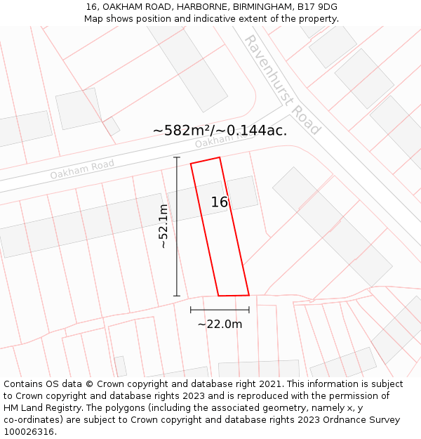 16, OAKHAM ROAD, HARBORNE, BIRMINGHAM, B17 9DG: Plot and title map