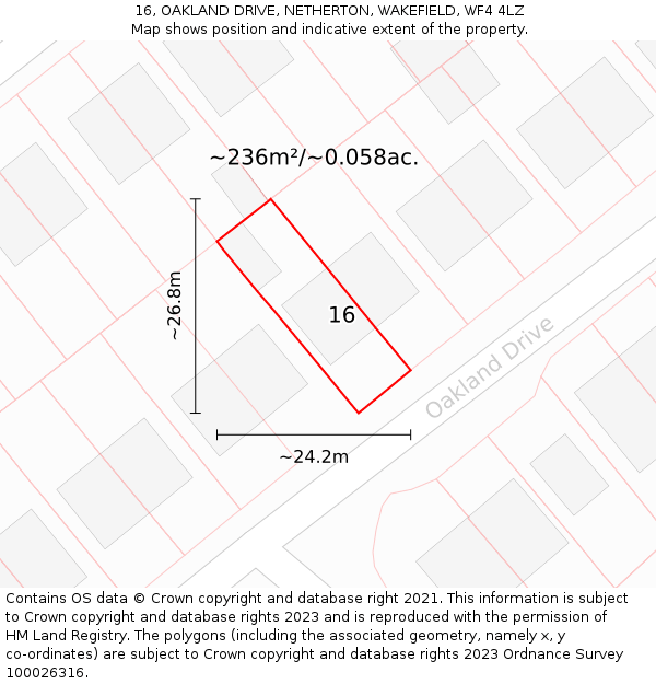 16, OAKLAND DRIVE, NETHERTON, WAKEFIELD, WF4 4LZ: Plot and title map