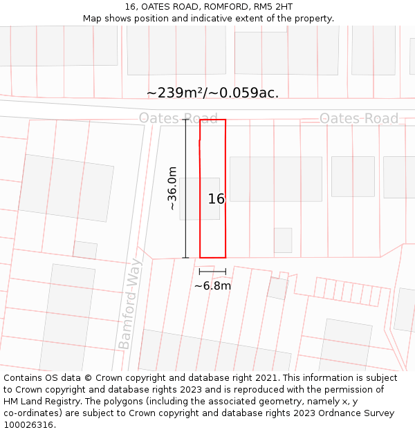 16, OATES ROAD, ROMFORD, RM5 2HT: Plot and title map