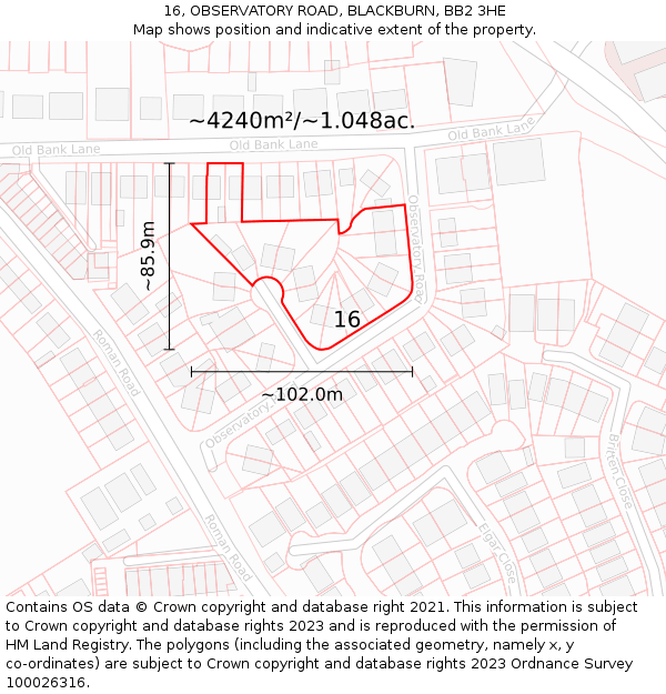 16, OBSERVATORY ROAD, BLACKBURN, BB2 3HE: Plot and title map