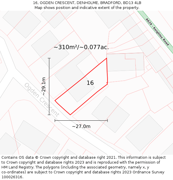 16, OGDEN CRESCENT, DENHOLME, BRADFORD, BD13 4LB: Plot and title map