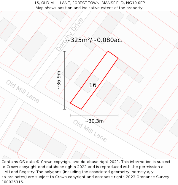 16, OLD MILL LANE, FOREST TOWN, MANSFIELD, NG19 0EP: Plot and title map