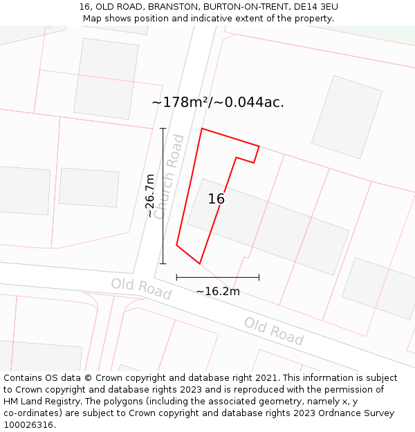 16, OLD ROAD, BRANSTON, BURTON-ON-TRENT, DE14 3EU: Plot and title map
