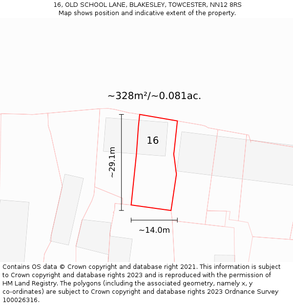 16, OLD SCHOOL LANE, BLAKESLEY, TOWCESTER, NN12 8RS: Plot and title map