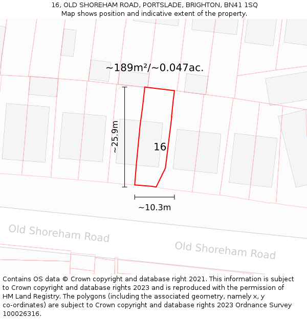 16, OLD SHOREHAM ROAD, PORTSLADE, BRIGHTON, BN41 1SQ: Plot and title map