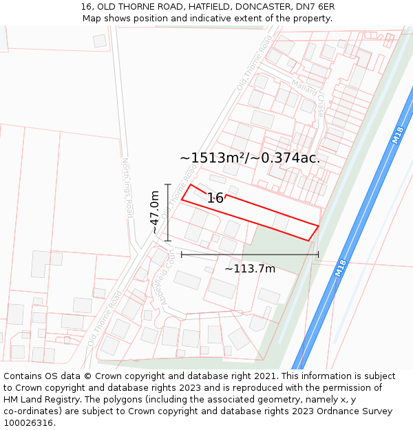 16, OLD THORNE ROAD, HATFIELD, DONCASTER, DN7 6ER: Plot and title map