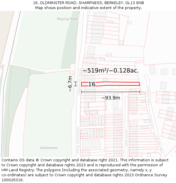 16, OLDMINSTER ROAD, SHARPNESS, BERKELEY, GL13 9NB: Plot and title map