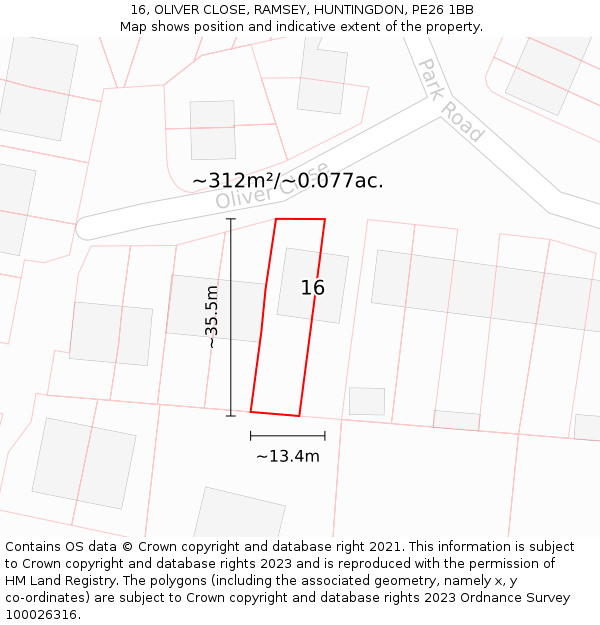 16, OLIVER CLOSE, RAMSEY, HUNTINGDON, PE26 1BB: Plot and title map