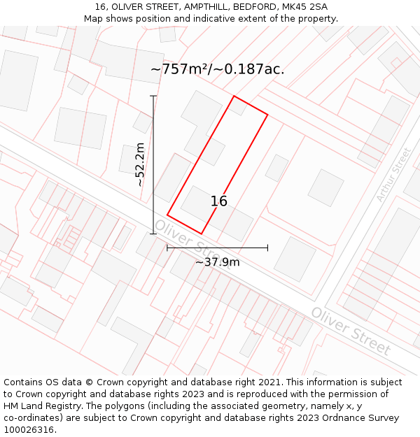 16, OLIVER STREET, AMPTHILL, BEDFORD, MK45 2SA: Plot and title map