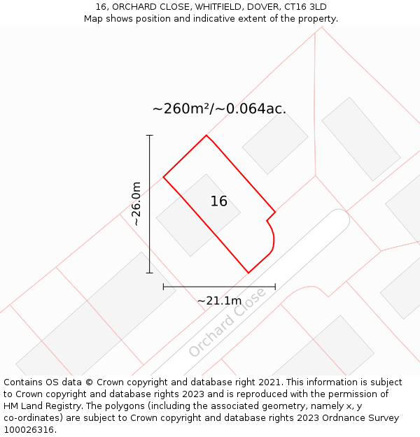 16, ORCHARD CLOSE, WHITFIELD, DOVER, CT16 3LD: Plot and title map
