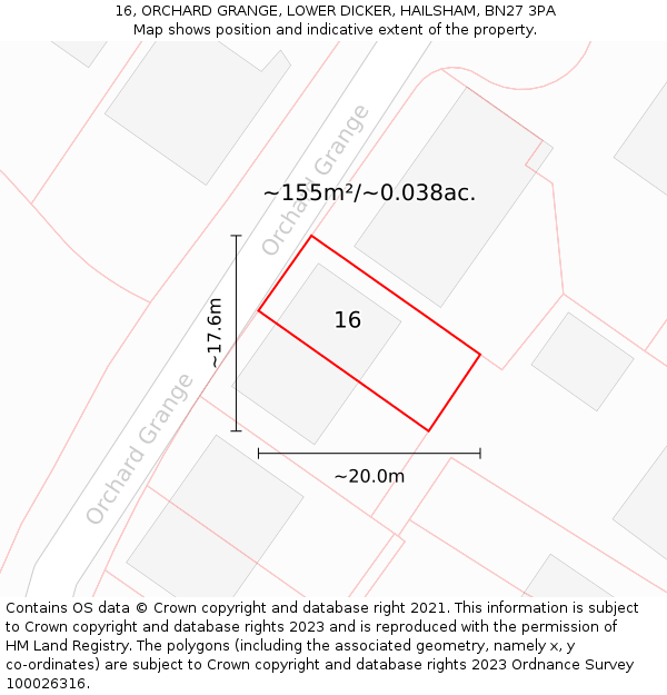 16, ORCHARD GRANGE, LOWER DICKER, HAILSHAM, BN27 3PA: Plot and title map