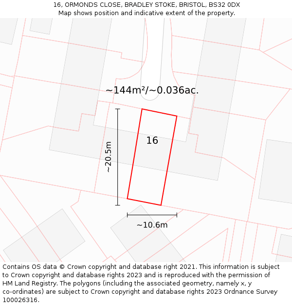 16, ORMONDS CLOSE, BRADLEY STOKE, BRISTOL, BS32 0DX: Plot and title map