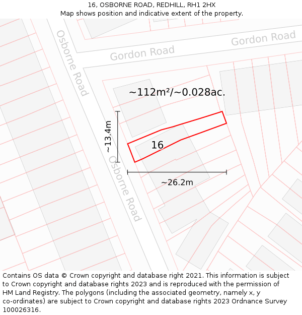 16, OSBORNE ROAD, REDHILL, RH1 2HX: Plot and title map