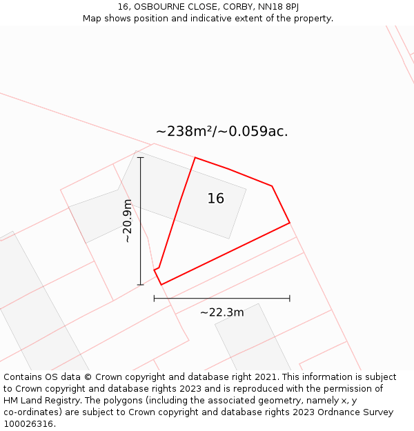 16, OSBOURNE CLOSE, CORBY, NN18 8PJ: Plot and title map