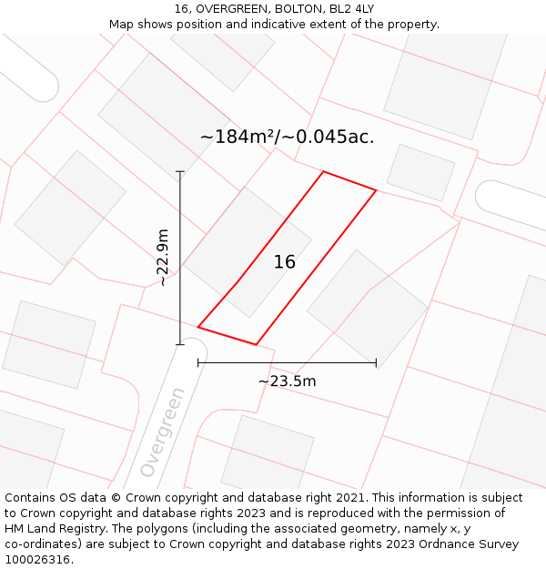 16, OVERGREEN, BOLTON, BL2 4LY: Plot and title map