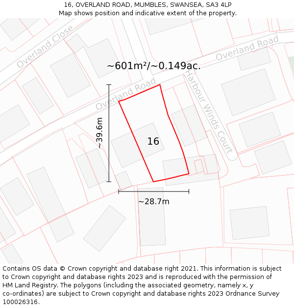 16, OVERLAND ROAD, MUMBLES, SWANSEA, SA3 4LP: Plot and title map
