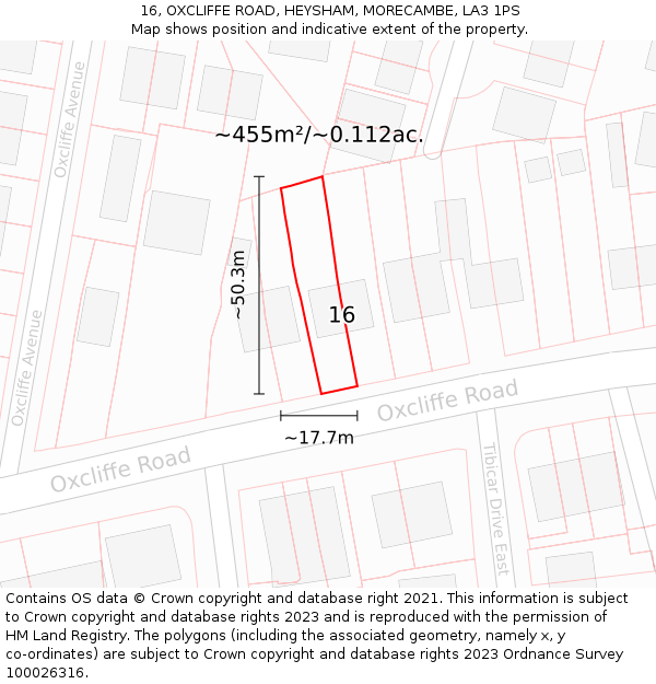 16, OXCLIFFE ROAD, HEYSHAM, MORECAMBE, LA3 1PS: Plot and title map