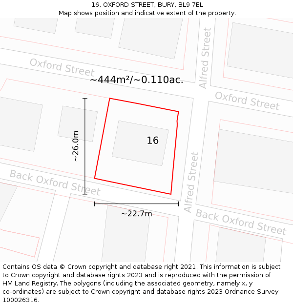 16, OXFORD STREET, BURY, BL9 7EL: Plot and title map