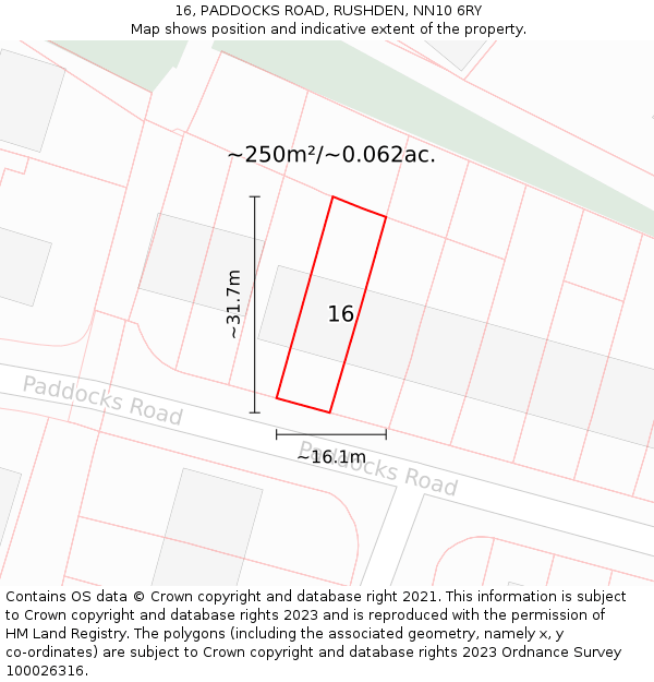16, PADDOCKS ROAD, RUSHDEN, NN10 6RY: Plot and title map