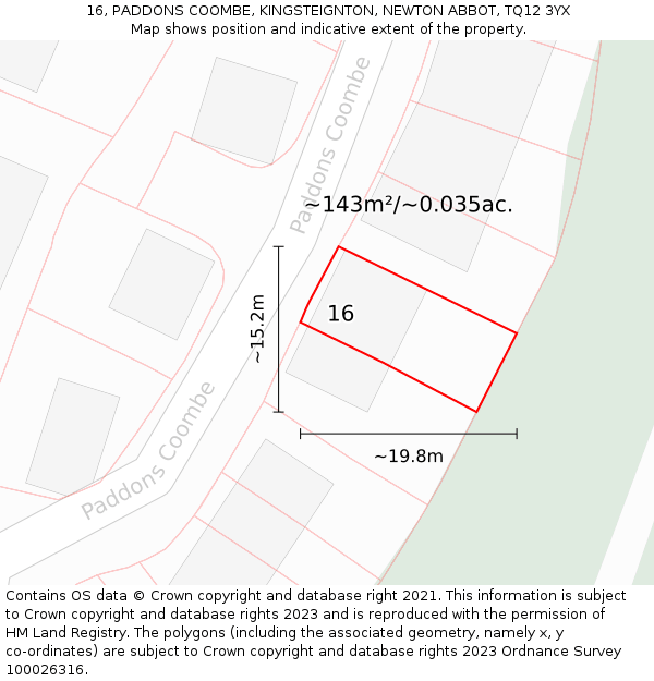 16, PADDONS COOMBE, KINGSTEIGNTON, NEWTON ABBOT, TQ12 3YX: Plot and title map