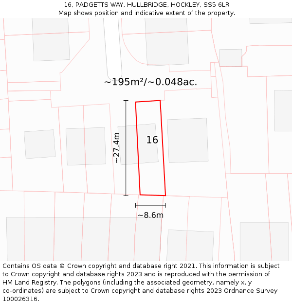 16, PADGETTS WAY, HULLBRIDGE, HOCKLEY, SS5 6LR: Plot and title map