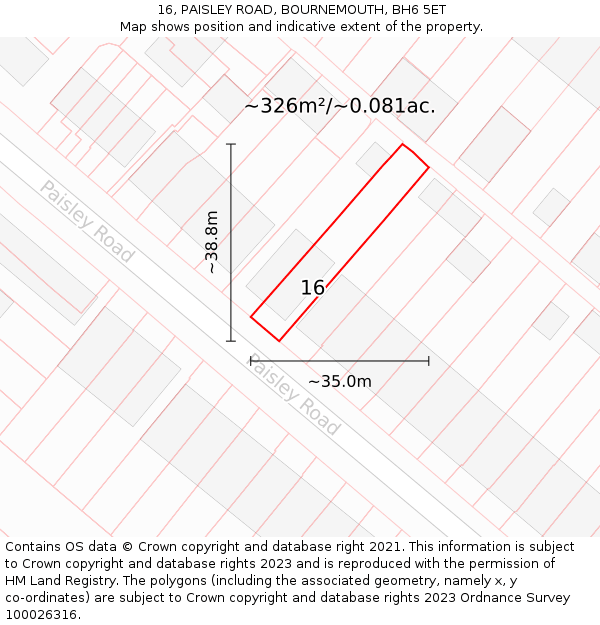 16, PAISLEY ROAD, BOURNEMOUTH, BH6 5ET: Plot and title map