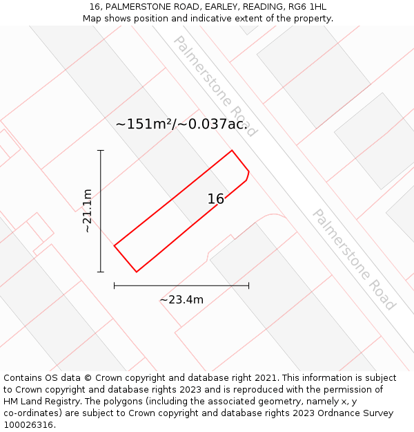 16, PALMERSTONE ROAD, EARLEY, READING, RG6 1HL: Plot and title map