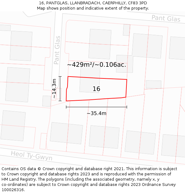 16, PANTGLAS, LLANBRADACH, CAERPHILLY, CF83 3PD: Plot and title map