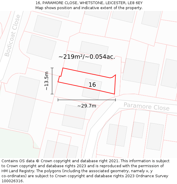16, PARAMORE CLOSE, WHETSTONE, LEICESTER, LE8 6EY: Plot and title map