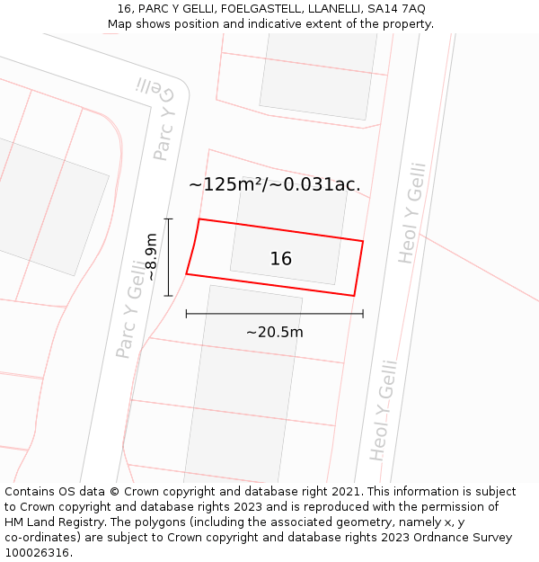 16, PARC Y GELLI, FOELGASTELL, LLANELLI, SA14 7AQ: Plot and title map