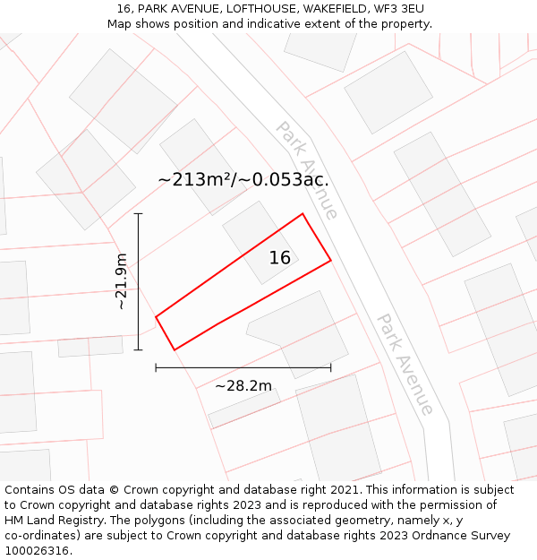 16, PARK AVENUE, LOFTHOUSE, WAKEFIELD, WF3 3EU: Plot and title map