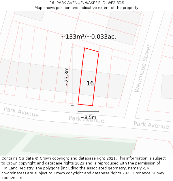 16, PARK AVENUE, WAKEFIELD, WF2 8DS: Plot and title map