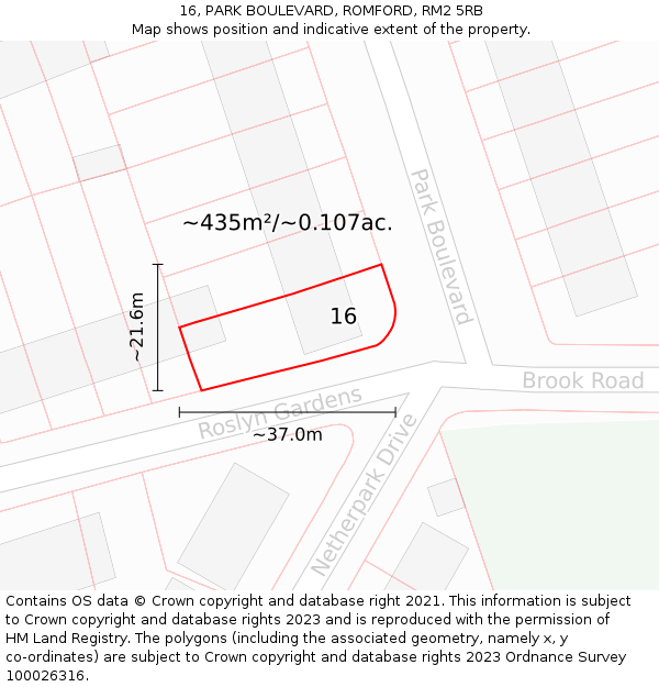 16, PARK BOULEVARD, ROMFORD, RM2 5RB: Plot and title map