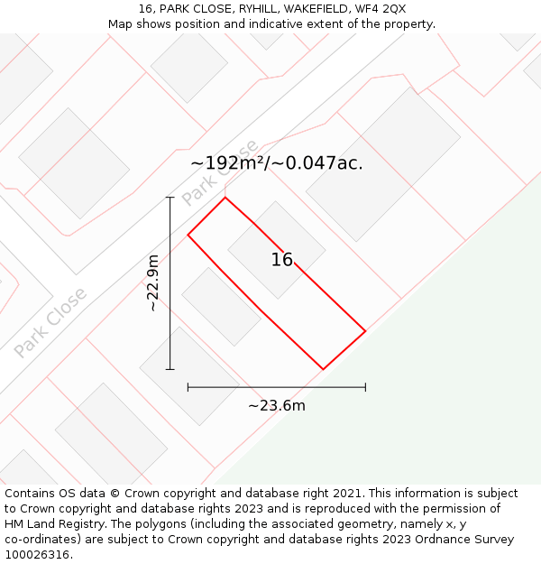 16, PARK CLOSE, RYHILL, WAKEFIELD, WF4 2QX: Plot and title map