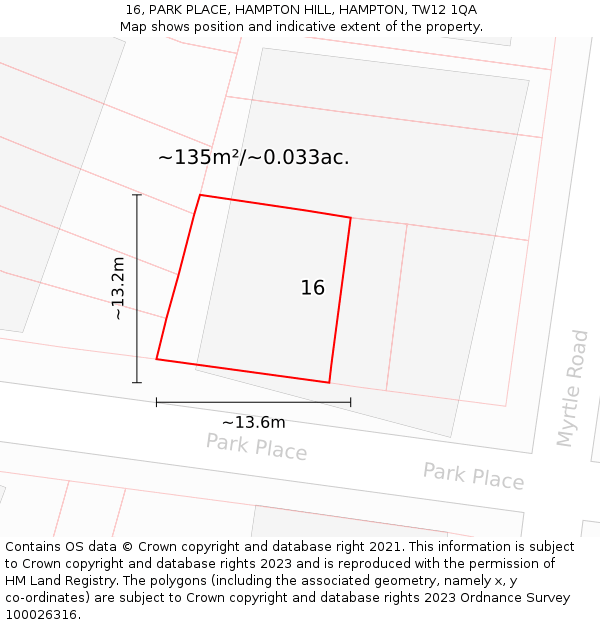 16, PARK PLACE, HAMPTON HILL, HAMPTON, TW12 1QA: Plot and title map