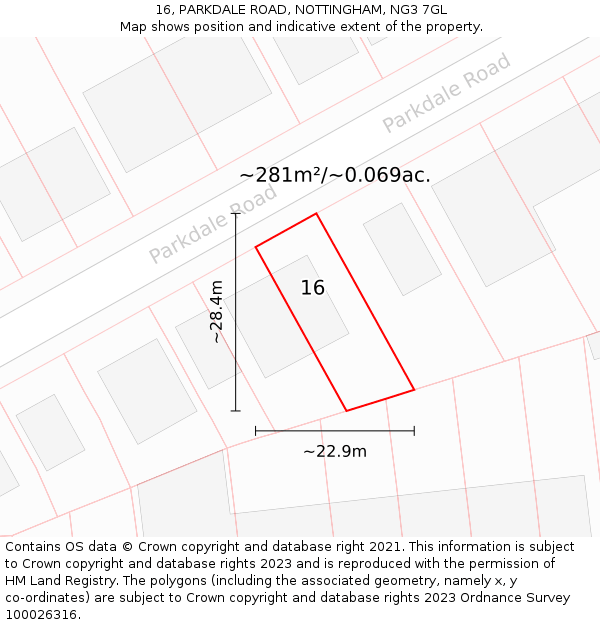 16, PARKDALE ROAD, NOTTINGHAM, NG3 7GL: Plot and title map