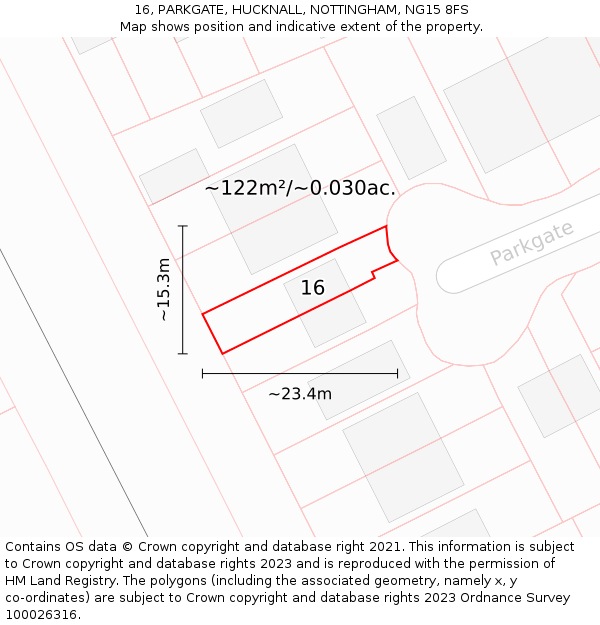 16, PARKGATE, HUCKNALL, NOTTINGHAM, NG15 8FS: Plot and title map