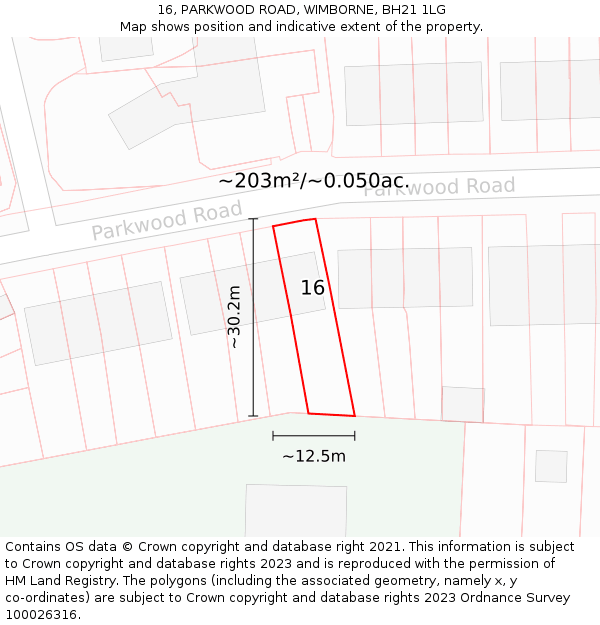 16, PARKWOOD ROAD, WIMBORNE, BH21 1LG: Plot and title map