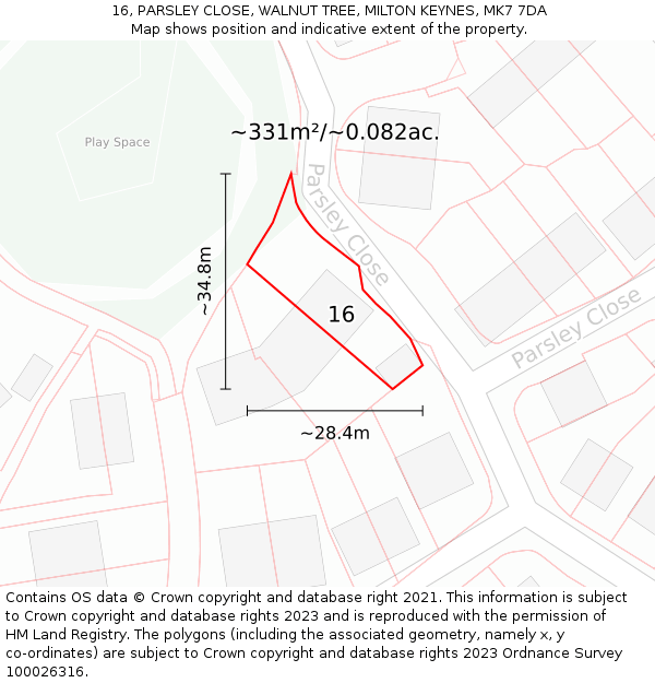 16, PARSLEY CLOSE, WALNUT TREE, MILTON KEYNES, MK7 7DA: Plot and title map