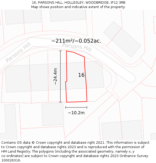 16, PARSONS HILL, HOLLESLEY, WOODBRIDGE, IP12 3RB: Plot and title map