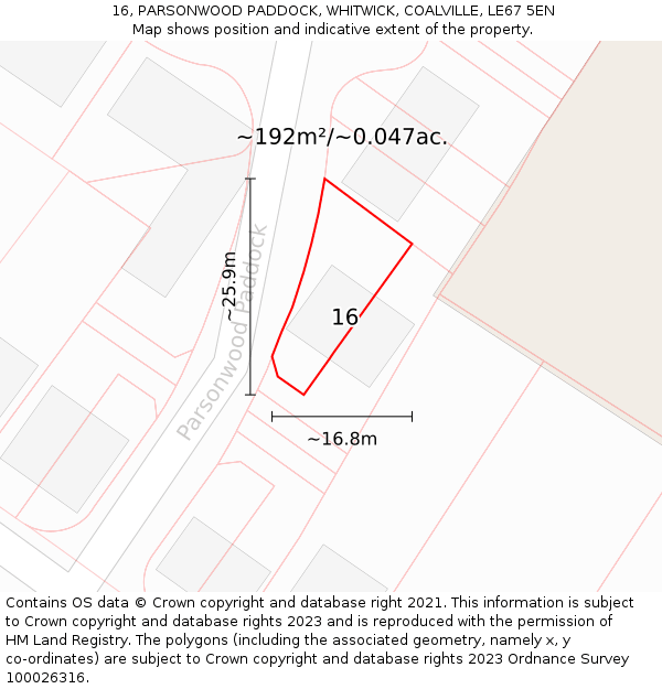 16, PARSONWOOD PADDOCK, WHITWICK, COALVILLE, LE67 5EN: Plot and title map