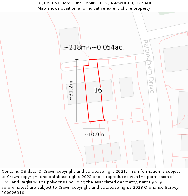 16, PATTINGHAM DRIVE, AMINGTON, TAMWORTH, B77 4QE: Plot and title map
