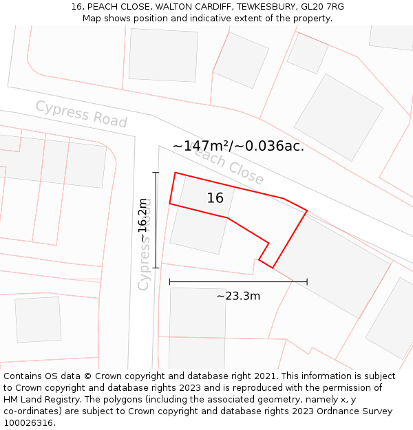 16, PEACH CLOSE, WALTON CARDIFF, TEWKESBURY, GL20 7RG: Plot and title map